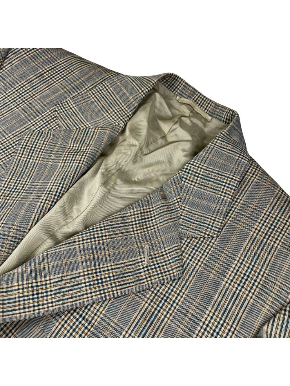 VTG Bespoke Men’s 100% Wool 3/2 Roll Blazer Beige/Green/Gold Plaid • 40S
